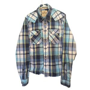 Hollister Y2K Plaid Western Snap‎ Shirt XL Men Blue Surfer Cut Long Sleeve